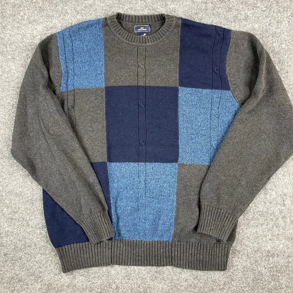 Dockers Sweater Mens XL Blue Gray Colorblock Crewneck Cotton‎ Knit Pullover
